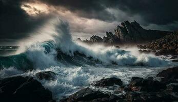 ein majestätisch Küste Rau Wellen brechen beim Sonnenuntergang generiert durch ai foto