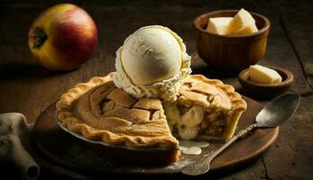 frisch gebacken Apfel Kuchen auf rustikal Holz Teller ,generativ ai foto