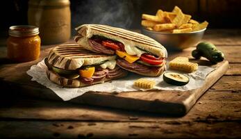frisch gegrillt Rindfleisch Sandwich auf rustikal hölzern Tabelle ,generativ ai foto