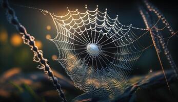 Spinne Netz glitzert mit Tau im Herbst Wald ,generativ ai foto