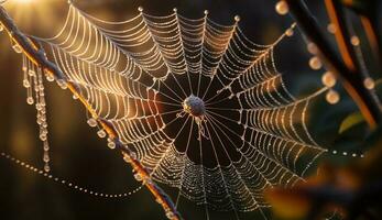 Spinnennetz glitzert mit Tau auf Herbst Blatt ,generativ ai foto