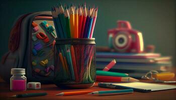 Bleistift Bildung fördert Kreativität bunt Ausrüstung auf Tabelle ,generativ ai foto