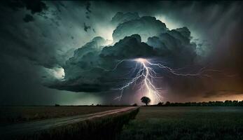 dunkel Himmel Über Landschaft, bedrohlich Sturm Annäherung ,generativ ai foto