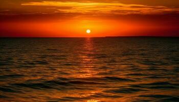 beschwingt Sonnenuntergang Über still Wasser, ein tropisch Paradies im Dämmerung generiert durch ai foto