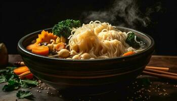 gesund Vegetarier Nudel Suppe mit frisch Gemüse und hausgemacht Brühe generiert durch ai foto