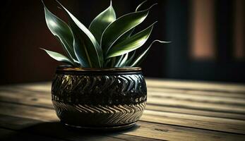 Grün Pflanze im hölzern Vase auf Tabelle drinnen generiert durch ai foto