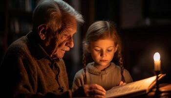 multi Generation Familie Verbindung Über Christentum, lesen Buch mit Enkel lächelnd generiert durch ai foto