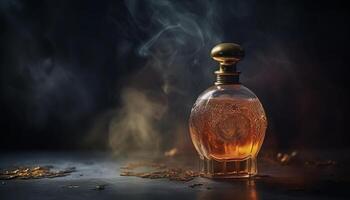 alt gestaltet Whiskey Flasche auf Holz Tisch, reflektieren Eleganz und Luxus generiert durch ai foto