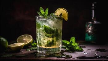 ein erfrischend Mojito mit Kalk, Minze, und Limonade Luftblasen generiert durch ai foto