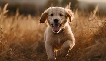 süß reinrassig Hündchen spielen im das Gras, golden Retriever Glück generiert durch ai foto