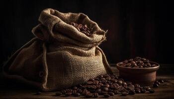 organisch Kaffee Ernte im Sackleinen Sack schafft rustikal immer noch Leben generiert durch ai foto