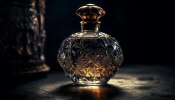 ein luxuriös Whiskey Flasche auf ein hölzern Tabelle spiegelt Eleganz generiert durch ai foto