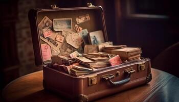 Antiquität Leder Koffer auf alt Schreibtisch, ein nostalgisch immer noch Leben generiert durch ai foto