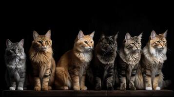 ein Gruppe von verschiedene flauschige Katzen sitzt im ein Reihe, schwarz Hintergrund, isolieren. ai generiert. foto