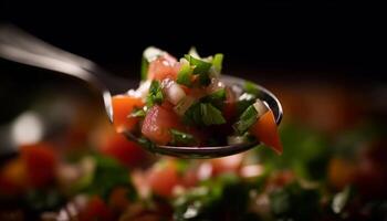 ein erfrischend Meeresfrüchte Salat mit frisch Fisch, Tomate, und Petersilie generiert durch ai foto