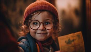 süß Mädchen im warm Kleidung genießt Winter Nacht mit Buch generiert durch ai foto