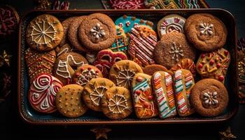 hausgemacht Lebkuchen Kekse, dekoriert mit aufwendig Glasur und Süßigkeiten generiert durch ai foto