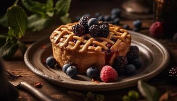 ein hausgemacht Beere Waffel Stapel mit frisch Blaubeeren und Himbeeren generiert durch ai foto