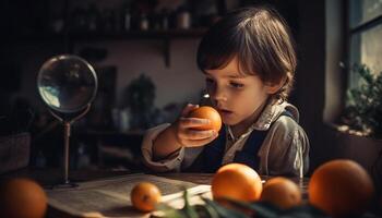 ein spielerisch Baby Junge Sitzung beim ein hölzern Tisch, Konzentration generiert durch ai foto