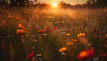 beschwingt Wildblumen blühen im still Wiese beim Sonnenuntergang Dämmerung generiert durch ai foto