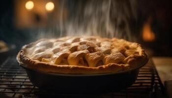 frisch gebacken Apfel Kuchen auf rustikal Kühlung Gestell, bereit zu Essen Genuss generiert durch ai foto