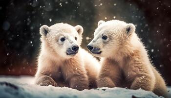 spielerisch Bär Jungtier genießt schneebedeckt Tag mit zwei pelzig freunde generiert durch ai foto