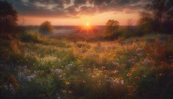 das beschwingt Sonne setzt Über das Wiese, ein still Szene generiert durch ai foto