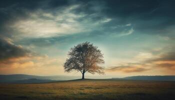 Silhouette von Baum zurück zündete durch Sonnenuntergang, ein still Szene generiert durch ai foto