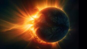 glühend Satellit umkreisen dunkel Planet im futuristisch Wissenschaft Illustration generiert durch ai foto