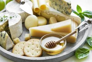 verschiedene Arten von Käse, Trauben und Honig