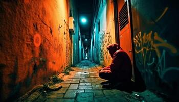 ein einsam Mann Spaziergänge durch das dunkel, gespenstisch Stadt Straßen generiert durch ai foto