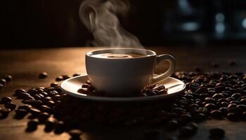 Aroma von duftend Kaffee füllt das Raum auf dunkel Tabelle generiert durch ai foto