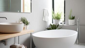 modern Eleganz im ein sauber, komfortabel Badezimmer mit Marmor Bodenbelag generiert durch ai foto
