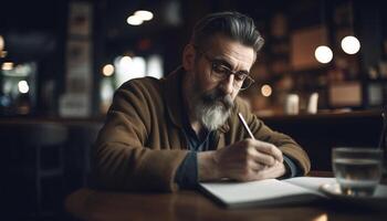 das reifen Geschäftsmann, halten Kaffee, liest mit ernst Konzentration drinnen generiert durch ai foto