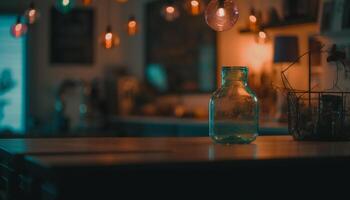 modern Bar Design mit beleuchtet Wein Flaschen auf hölzern Regal generiert durch ai foto