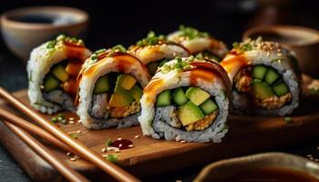 frisch Meeresfrüchte maki Sushi Platte, ein japanisch Gourmet Mittagessen Freude generiert durch ai foto