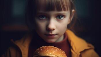 einer süß Mädchen halten Hamburger, suchen beim Kamera mit Unschuld generiert durch ai foto