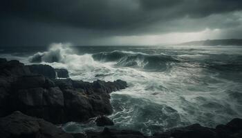 brechen Wellen Absturz gegen felsig Cliff, dramatisch Schönheit im Natur generiert durch ai foto