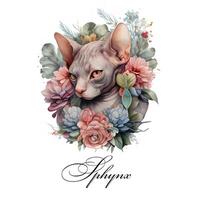 Aquarell Illustration von ein Single Sphynx Katze Rasse mit Blumen. ai generiert. Aquarell Tier Sammlung von Katzen. Katze Porträt. Illustration von Haustier. foto