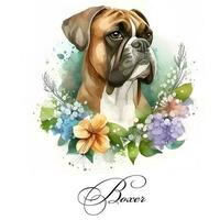 Aquarell Illustration von ein Single Hund Rasse Boxer mit Blumen. ai generiert. Hund Porträt. foto