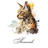 Aquarell Illustration von ein Single Katze Rasse Savanne. ai generiert. Aquarell Tier Sammlung von Katzen. Katze Porträt. Illustration von Haustier. foto