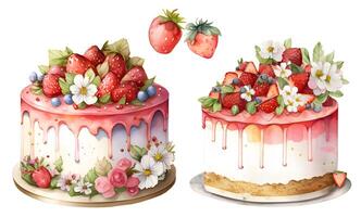 Aquarell Erdbeere Kuchen Cupcake Nachtisch. Kuchen, Cupcake, Sahne Obst Nachtisch, Erdbeere Kuchen. ai generiert foto