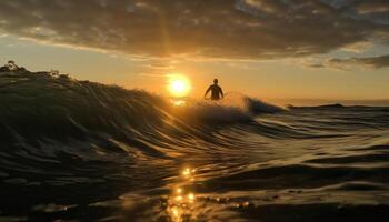 Silhouette von Athlet Surfen beim Sonnenuntergang, reflektieren auf Vitalität und Schönheit im Natur generiert durch ai foto