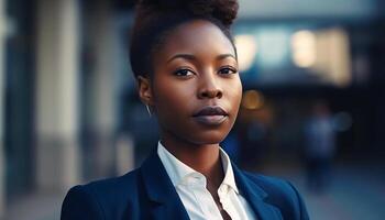 zuversichtlich jung afrikanisch amerikanisch Geschäftsfrau Stehen im modern Büro, lächelnd fachmännisch generiert durch ai foto