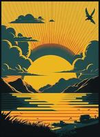 retro Poster von ein Seelandschaft mit Wellen, Möwen und Wolken. Sonnenaufgang und Sonnenuntergang. Drucken Haus. Hintergrund zum Poster, Banner. ai generiert foto