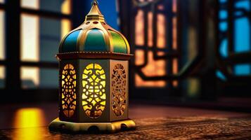 während Monat von Ramadan, Muslime schmücken Häuser mit hell zündete traditionell arabisch Lampen, namens Laternen, Symbol von Freude, Spiritualität von heilig Festival. Konzept Arabisch, Islam, Religion. generieren ai foto