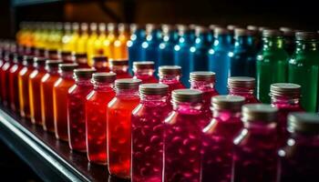 ein Reihe von Medizin Flaschen im ein Labor generiert durch ai foto