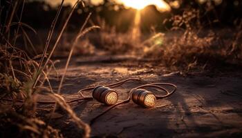 Sonnenuntergang Kopfhörer abspielen Musik- im still Wald Szene generiert durch ai foto