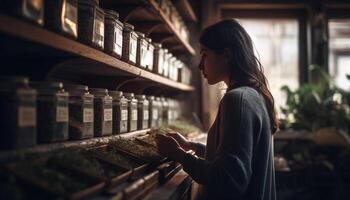 jung Frau studieren Literatur im Bibliothek Fenster generiert durch ai foto