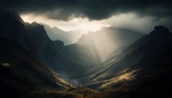 majestätisch Berg Gipfel, still Wiese, Wandern Abenteuer generiert durch ai foto